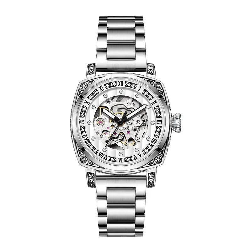 Mechanical watch with luminous hands and leather strap in choice of colours.