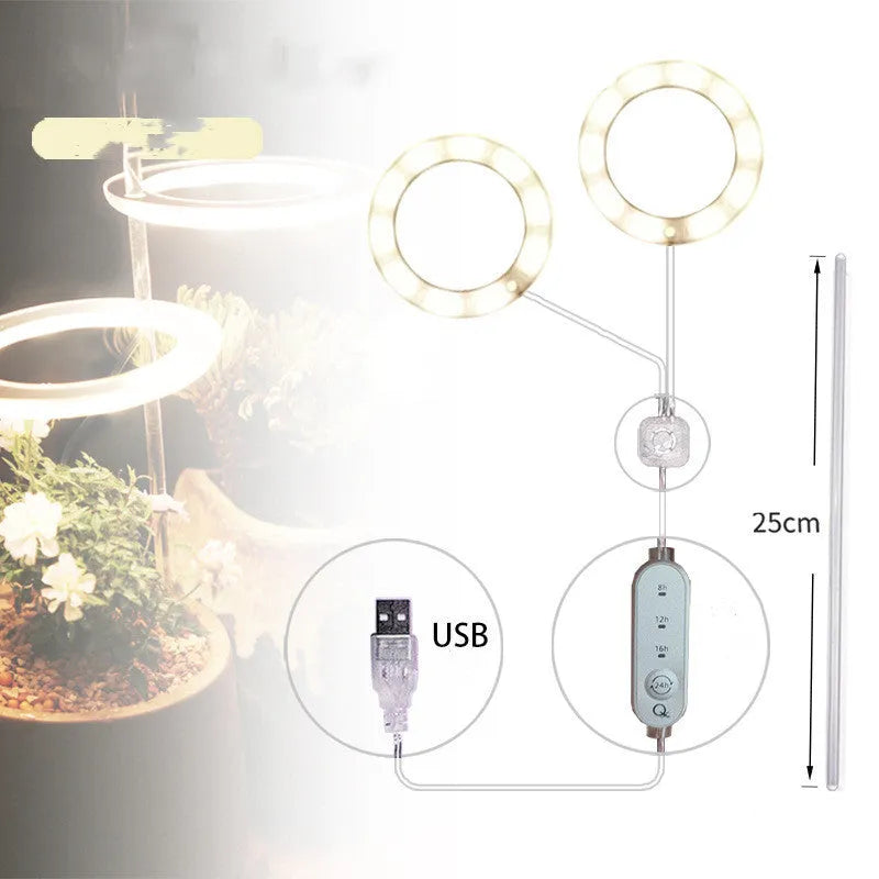 USB-powered LED plant grow light with full spectrum yellow LEDs, acrylic mounting stick, in pink/white colour.