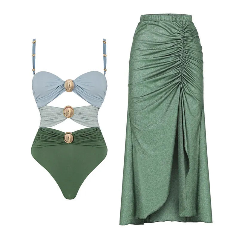 Yellow and green women's high waist split swimsuit bikini set on a mannequin.