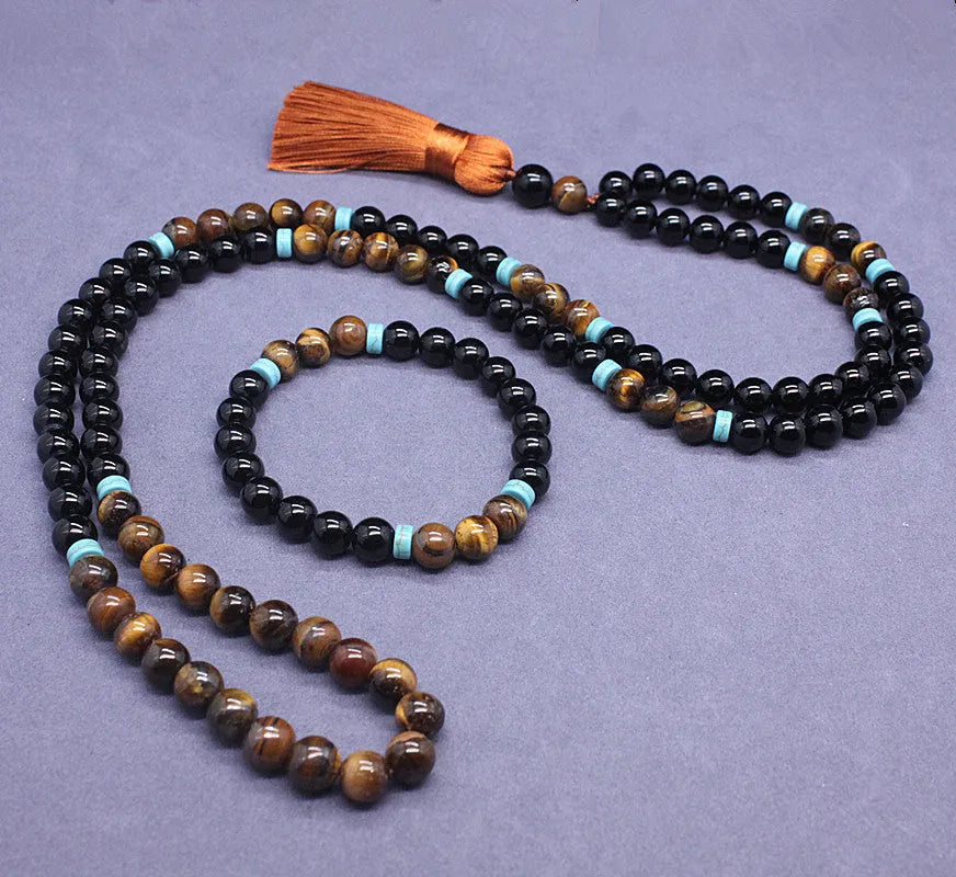 Black agate and tigereye bead bracelet and necklace set with tiger shape stone.