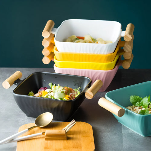Ceramic serving bowl with irregular modern shape and matching lid in various colour options