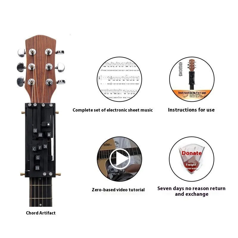 Automatic chord practice device for folk guitar playing and singing