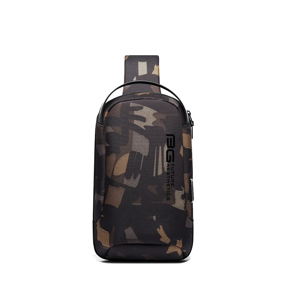 Men's black casual shoulder bag with USB port and Oxford cloth material for business travel.
