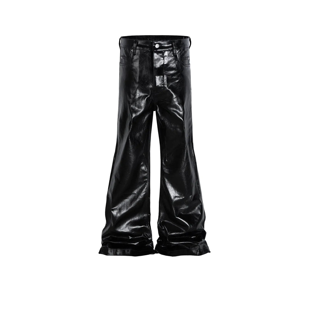 Black shiny patent leather skinny jeans with straight leg cut and mid-rise waist