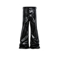Black shiny patent leather skinny jeans with straight leg cut and mid-rise waist
