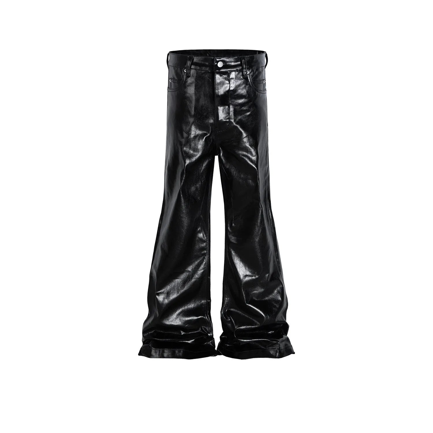 Black shiny patent leather skinny jeans with straight leg cut and mid-rise waist