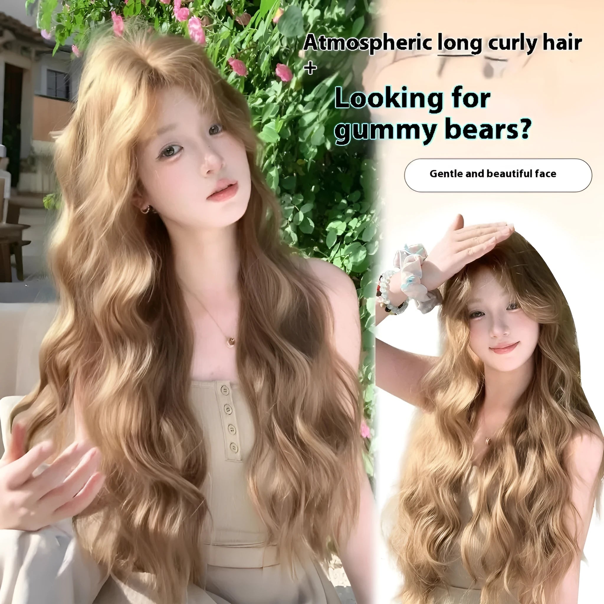 Medium length brown linen curly synthetic wig displayed with included hair net