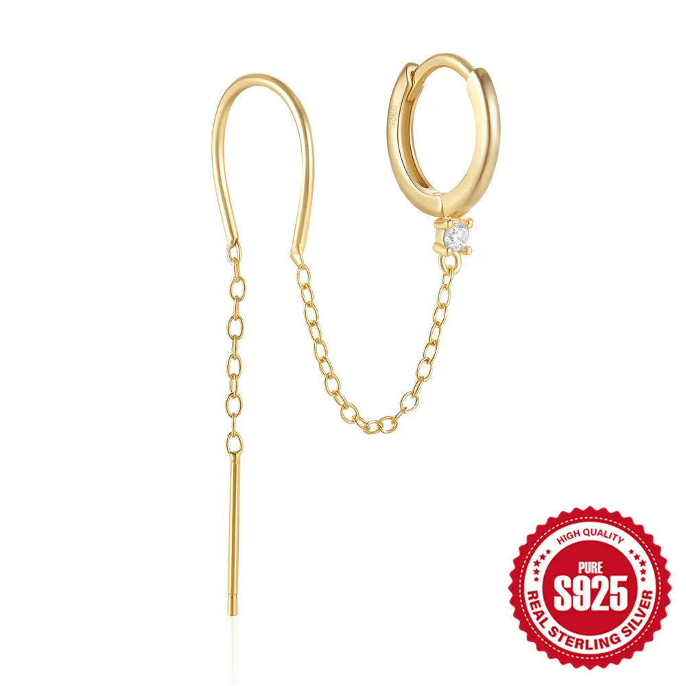 Geometric S925 sterling silver stud earring with flower, tassel, and chain design in a golden electroplated finish.