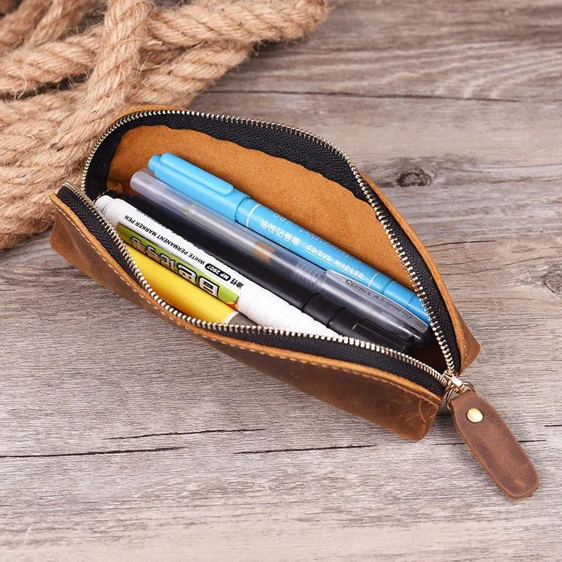Genuine cowhide leather pencil case with square 18cm x 6cm dimensions and zipper closure
