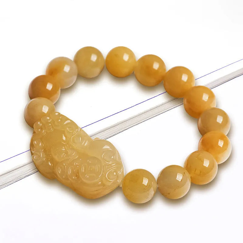 Golden thread Jinsi Jade money bracelet with carving details shown in two size variations