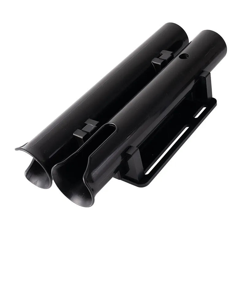 Plastic fishing rod rack with double-layer frame and pipe clamp for bicycle and motorcycle mounting