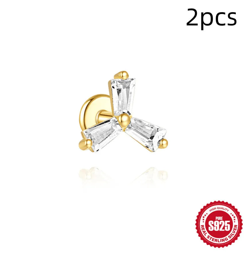 S925 sterling silver double ear piercings chain stud earrings with geometric design and zircon detailing