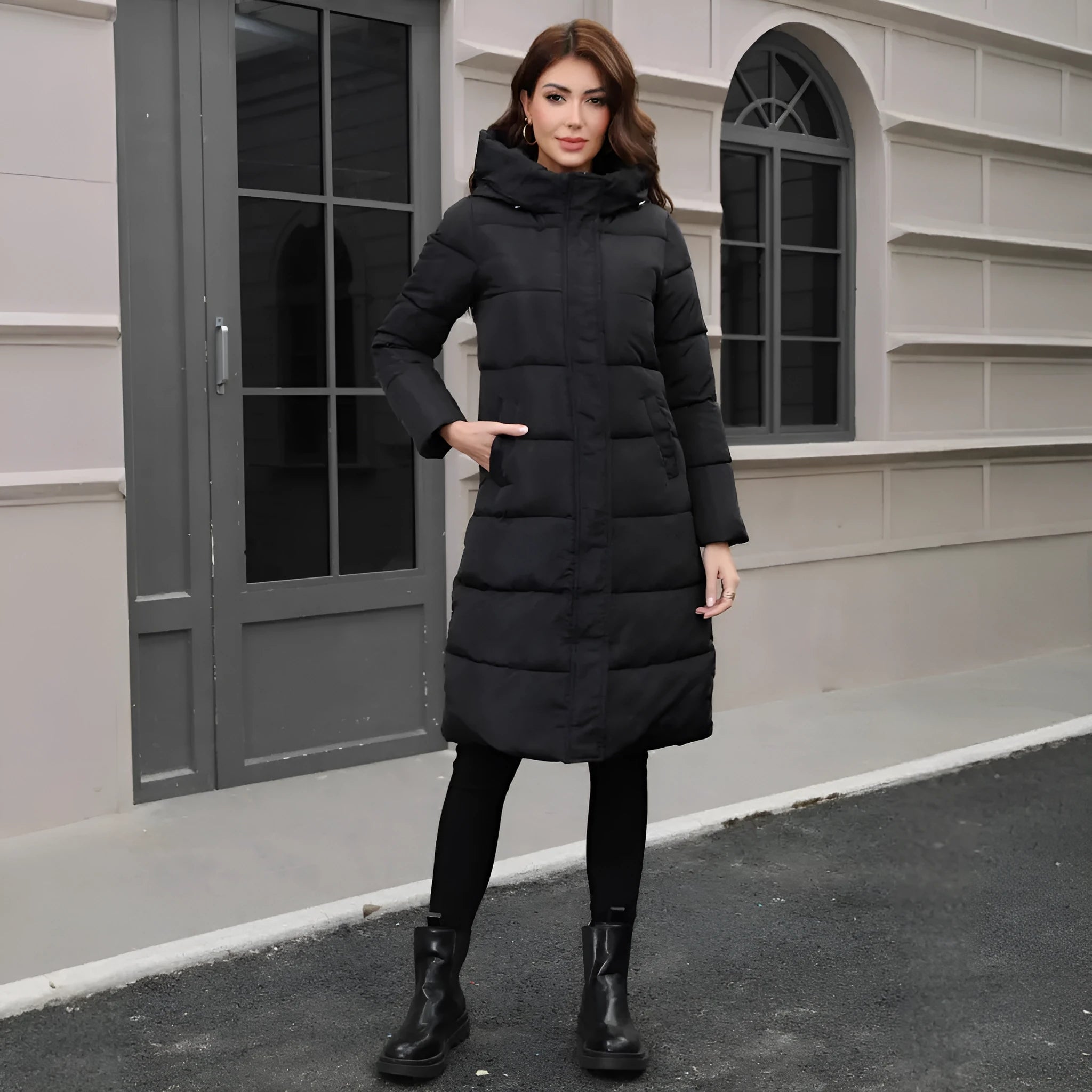 Black hooded slim fit jacket with long sleeves in polyester fabric