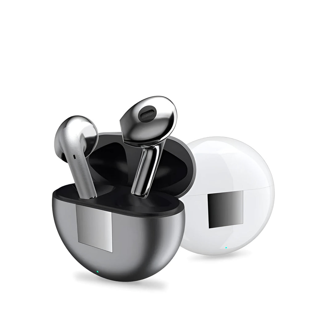 White Budz5 wireless Bluetooth semi-in-ear headphones with charging case showing earbuds and compartment