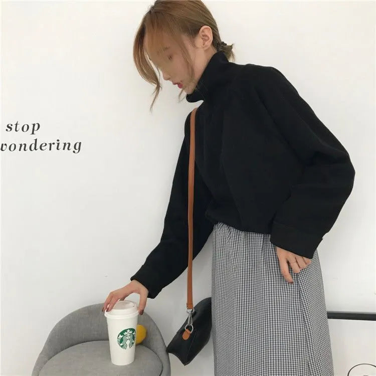 Women's half-high collar long sleeve top in solid colour with loose fit design