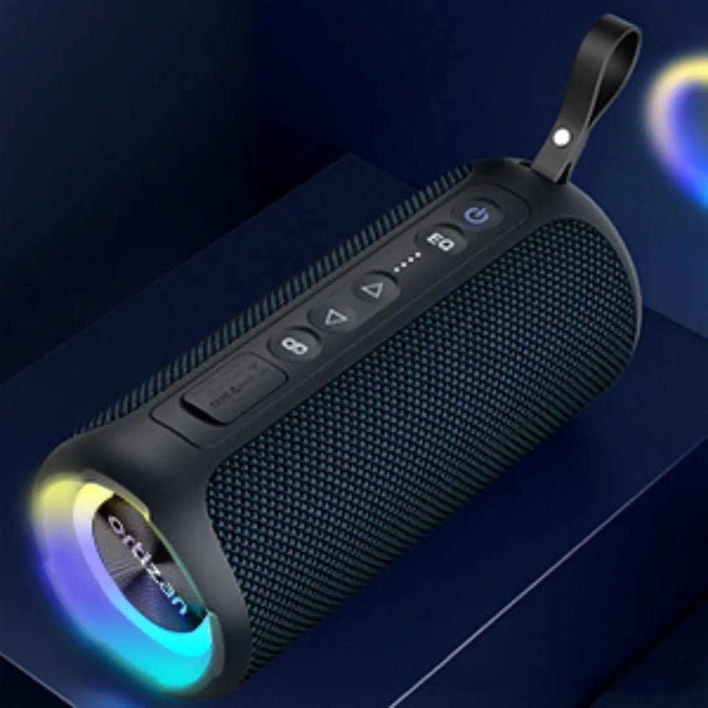 Black and blue fabric wireless Bluetooth speaker with LED lights showing front controls