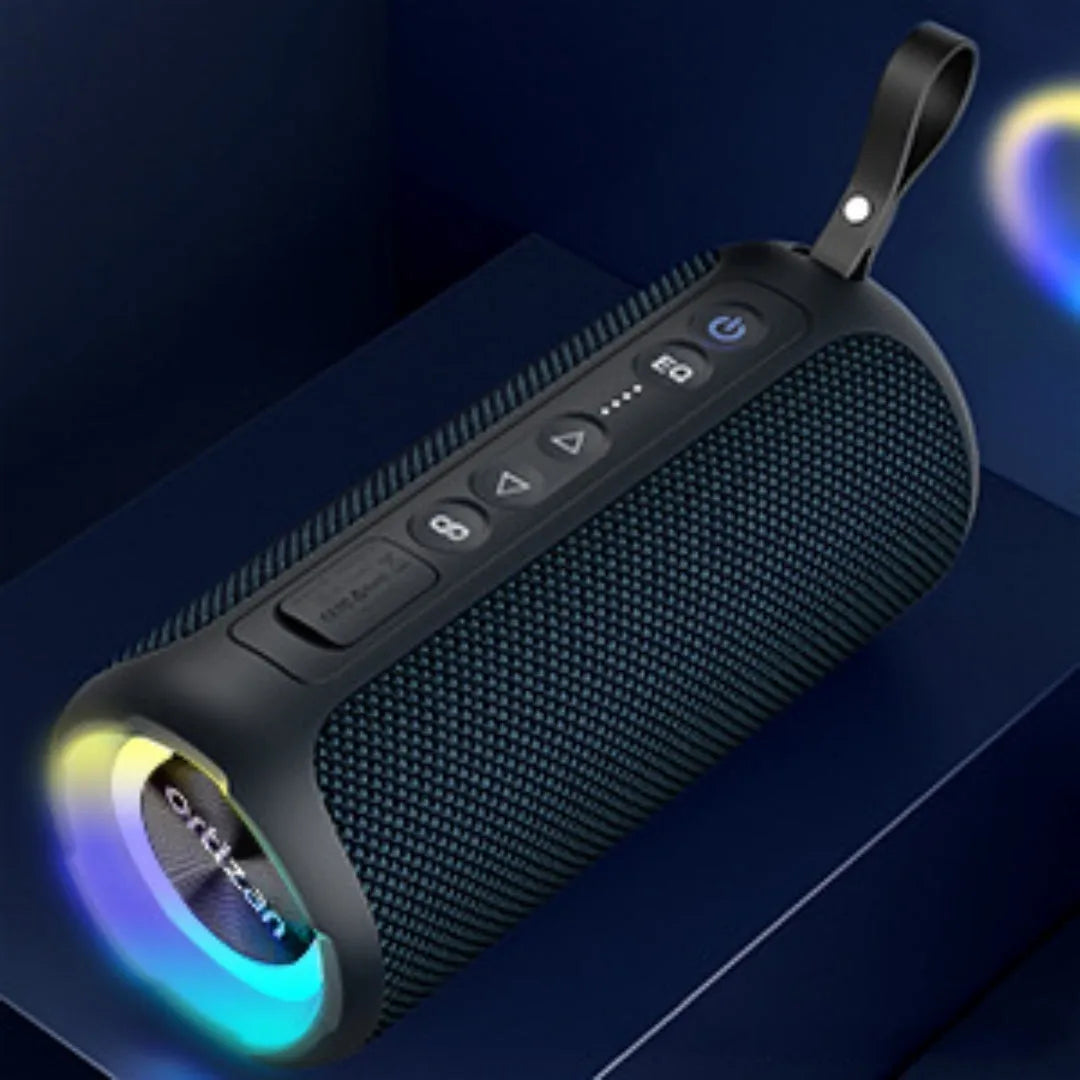 Black and blue fabric wireless Bluetooth speaker with LED lights showing front controls