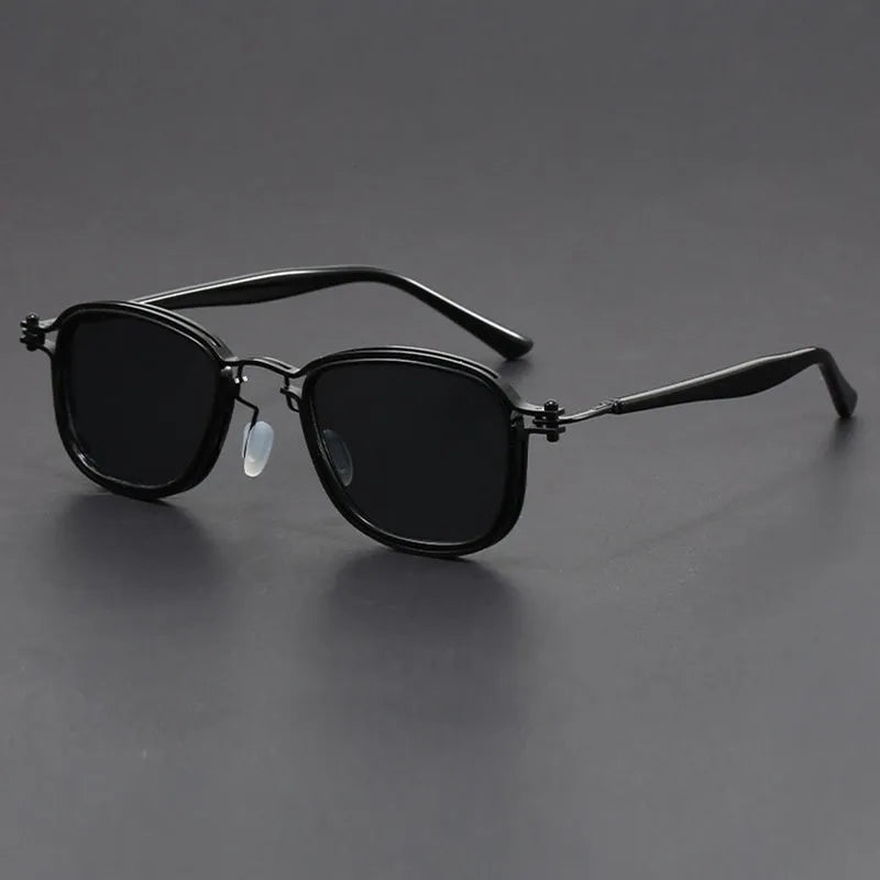Retro square frame sunglasses in plastic and metal with AC lenses shown in a choice of six colours.