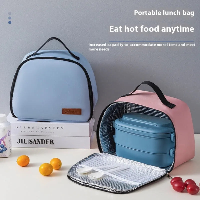 Insulated lunch box bag in textured cloth with heat preservation function and large capacity bento handbag design