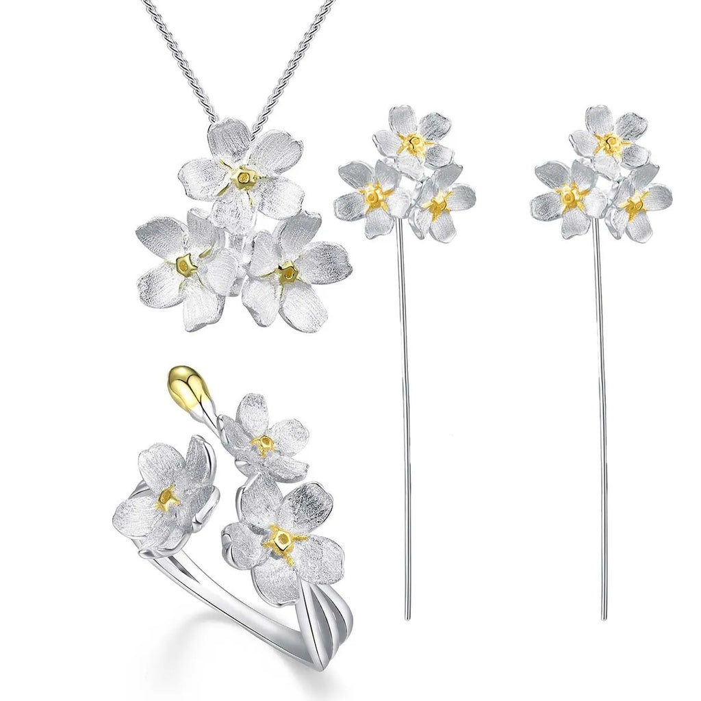 Sterling silver Myosotis sylvatica floral pendant in pastoral open mouth design without chain