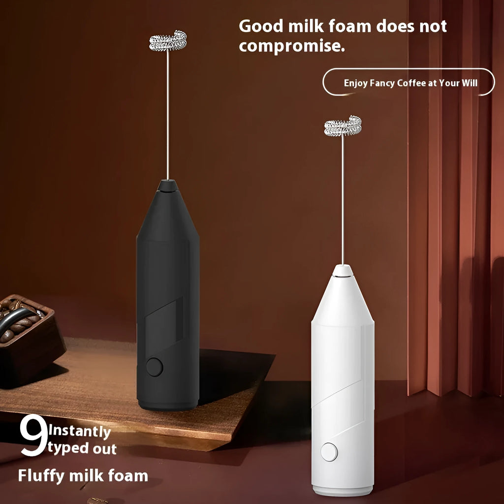 Mini handheld electric milk frother with stainless steel whisk in black colour