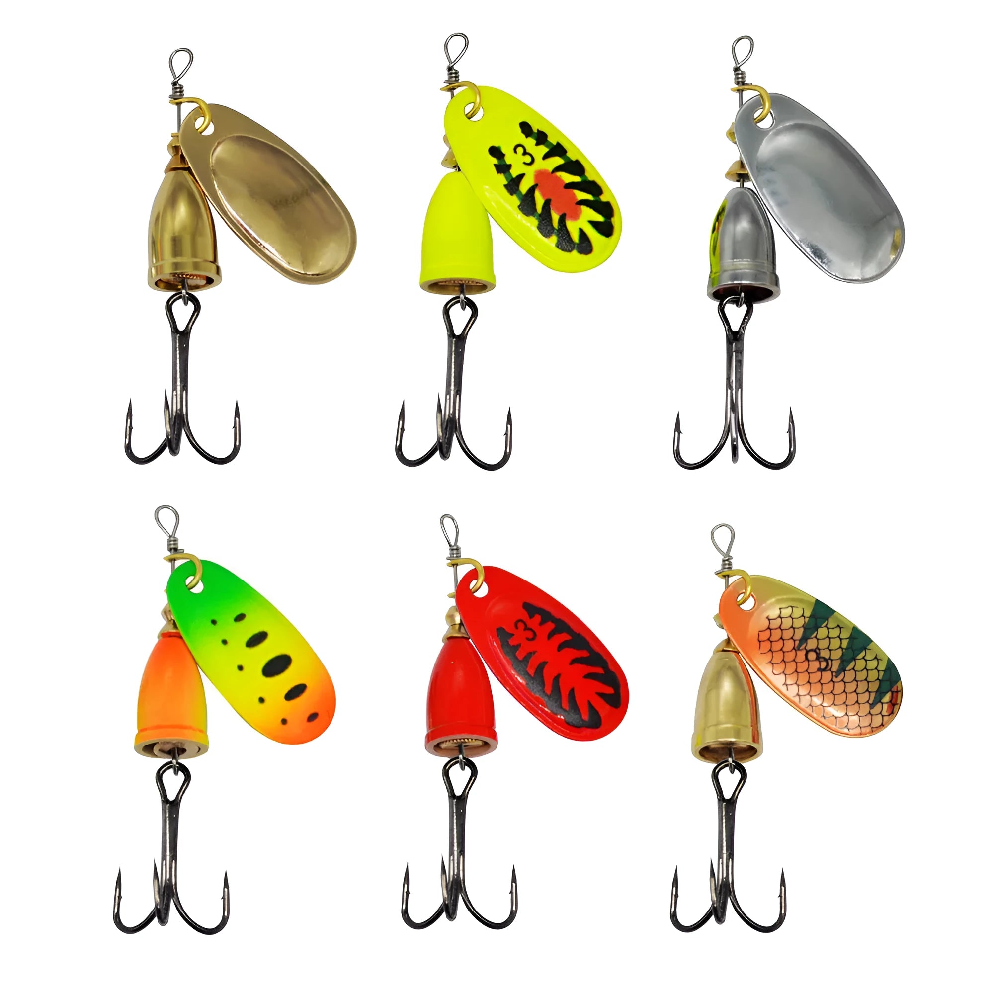 R composite rotating sequins copper bell fishing lure in metallic colours including gold, silver, and rose gold