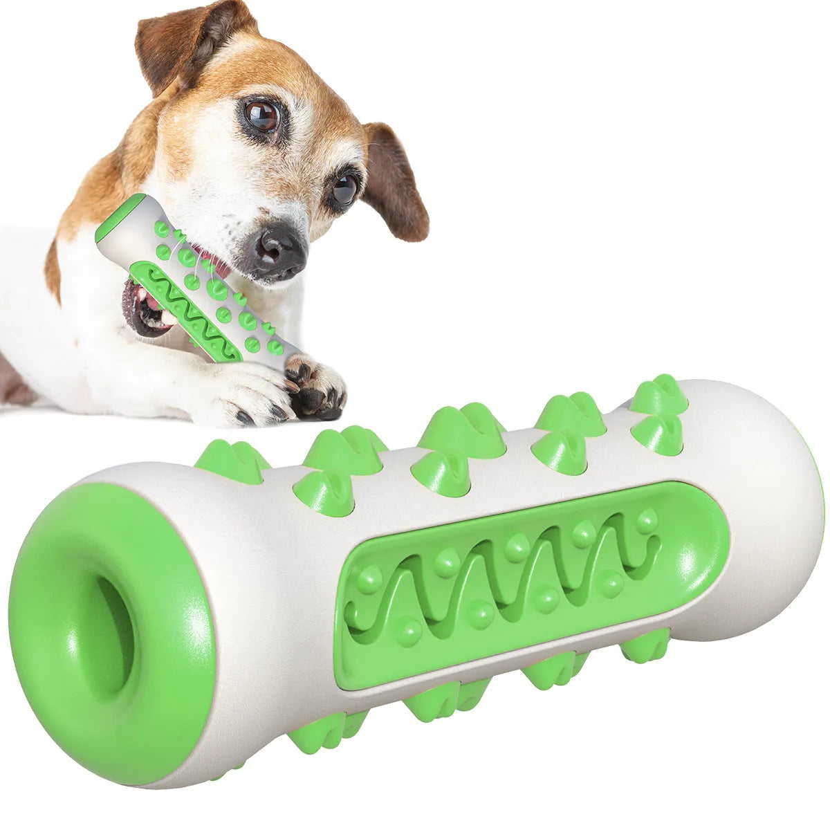 A natural rubber dog toothbrush chew toy in blue colour, showing its textured surface and stick shape.