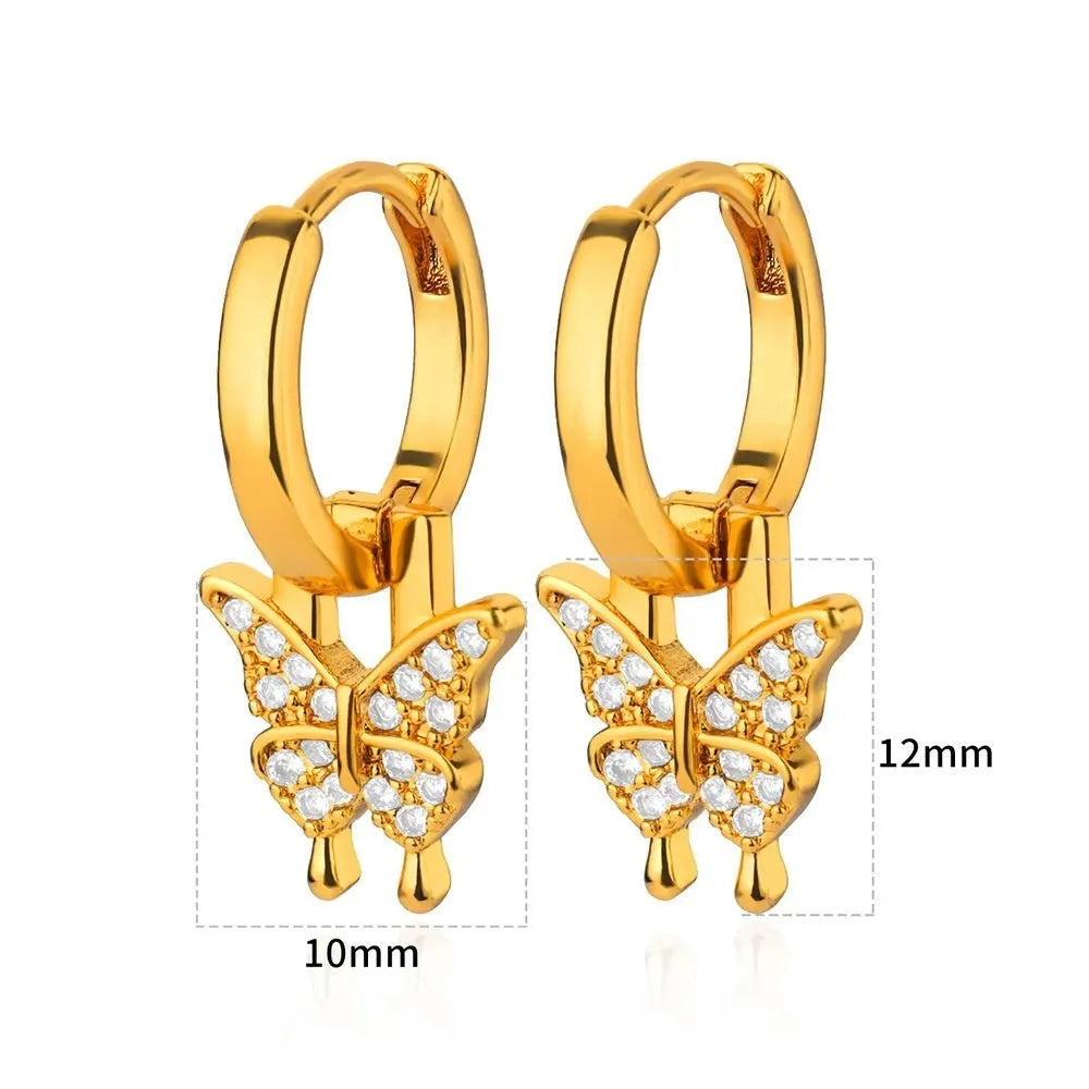 Geometric butterfly earrings for women in copper alloy with heart, bow, and star shapes.