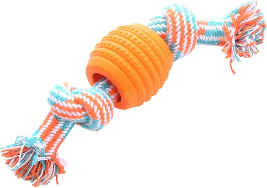 Blue molar-shaped dog chew toy with white ropes for teeth cleaning