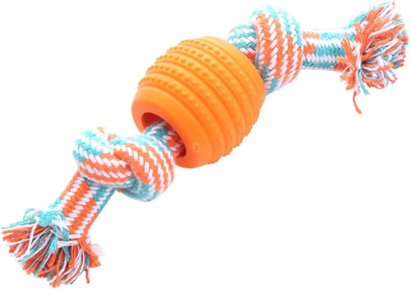 Blue molar-shaped dog chew toy with white ropes for teeth cleaning