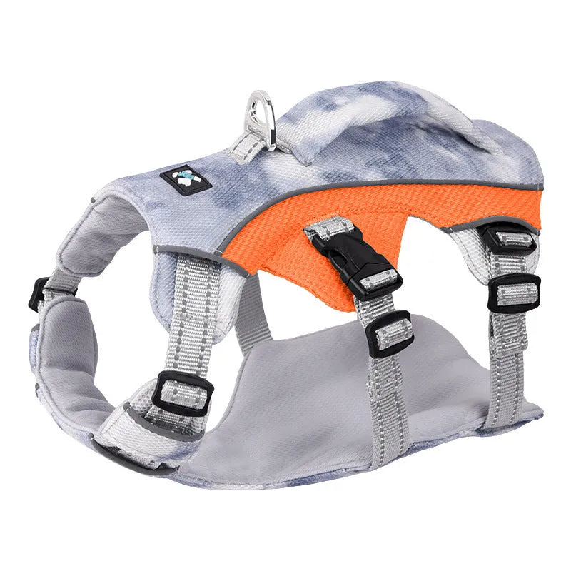 Reflective blue polyester chest strap harness for dogs on a lead, showing adjustable fit.