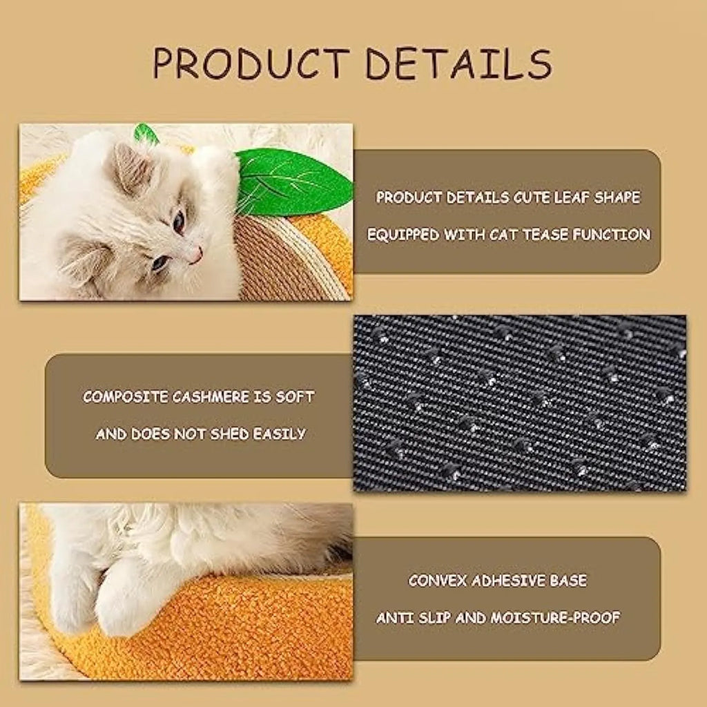 Yellow round cat scratching board with sisal surface and concave sleeping centre