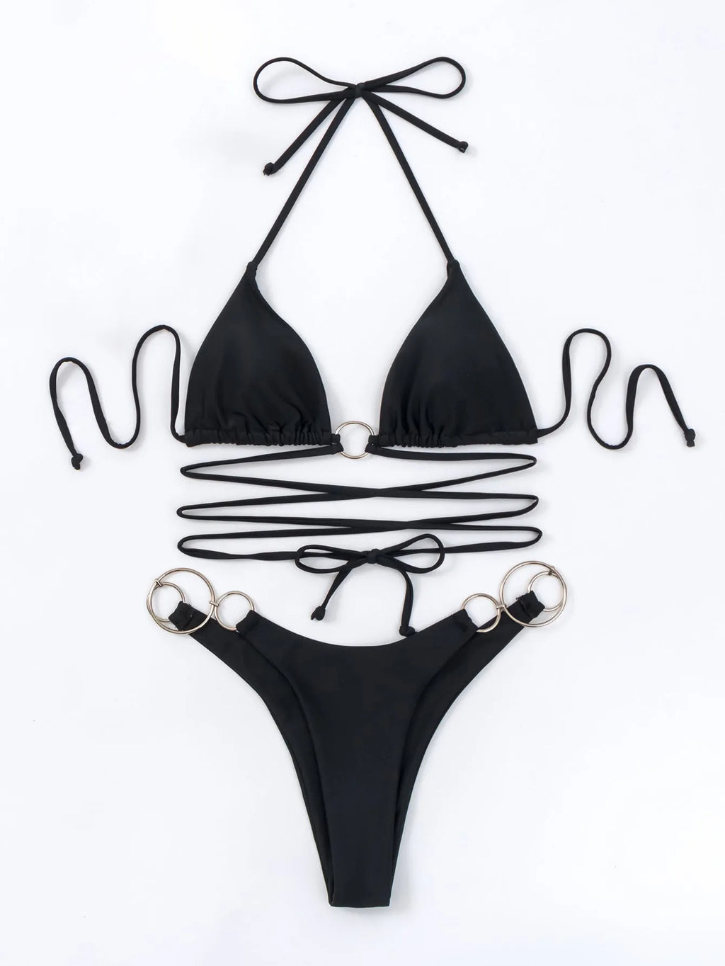 Solid black women's bikini set with long straps and metal rings, showing backless design.