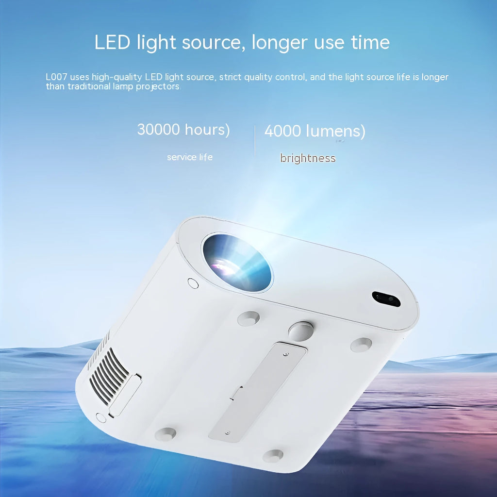 White T07 smart projector with remote control on a table, displaying a 1080p Full HD image.