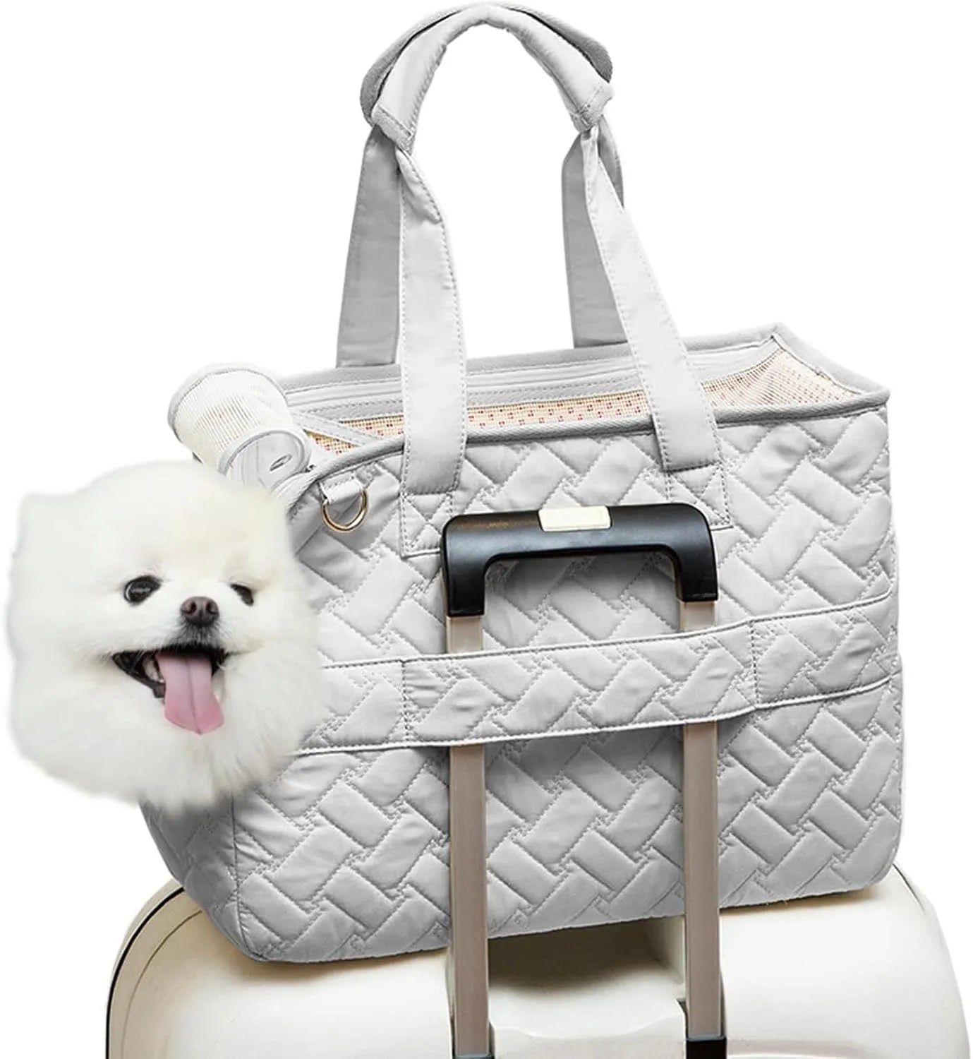 Grey mesh pet carrier bag with safety tether and multiple pockets for cat or small dog transport