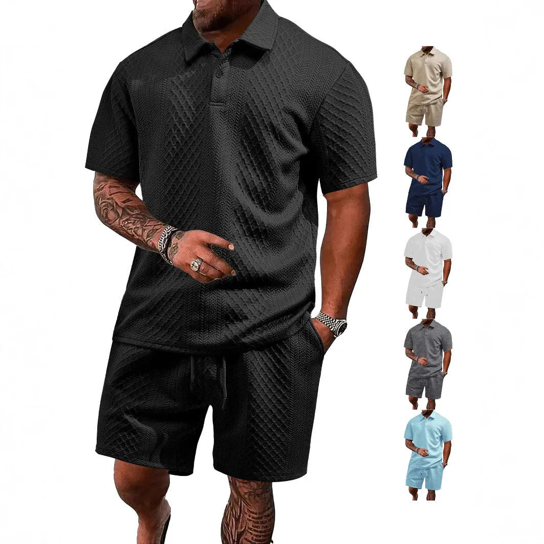 Men's thin figured cloth short sleeve casual suit in navy blue, showing Polo shirt top and trousers