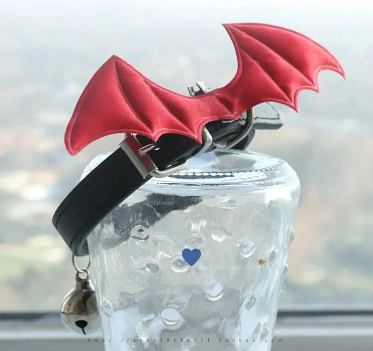 Leather BDSM collar with removable devil wings and bell in patent leather satin