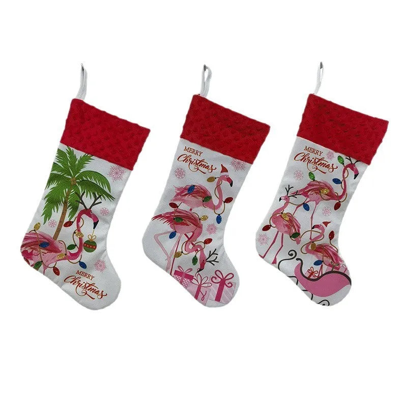 Flamingo-themed cloth Christmas stocking measuring 46 by 28 centimetres