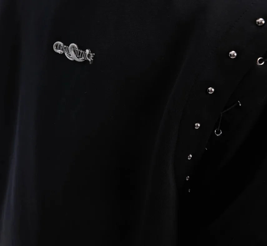 Women's black short sleeve t-shirt with a lace-up cutout design detail on the front