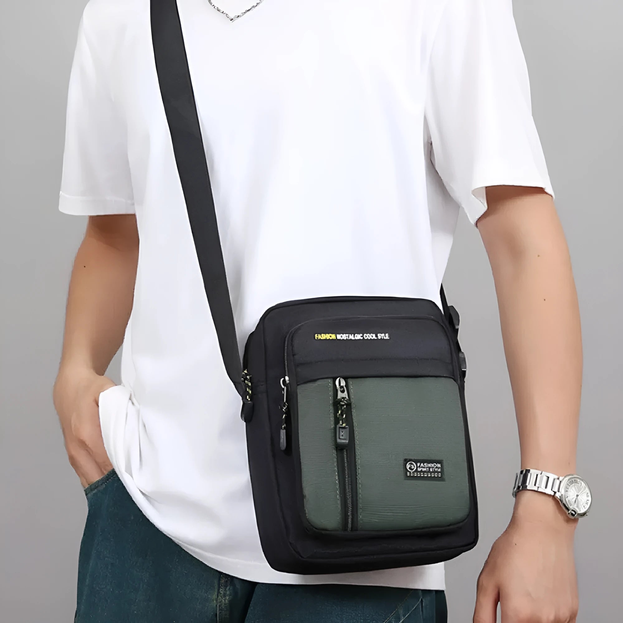 Men's casual nylon messenger crossbody bag in black, blue, gray, or green colours
