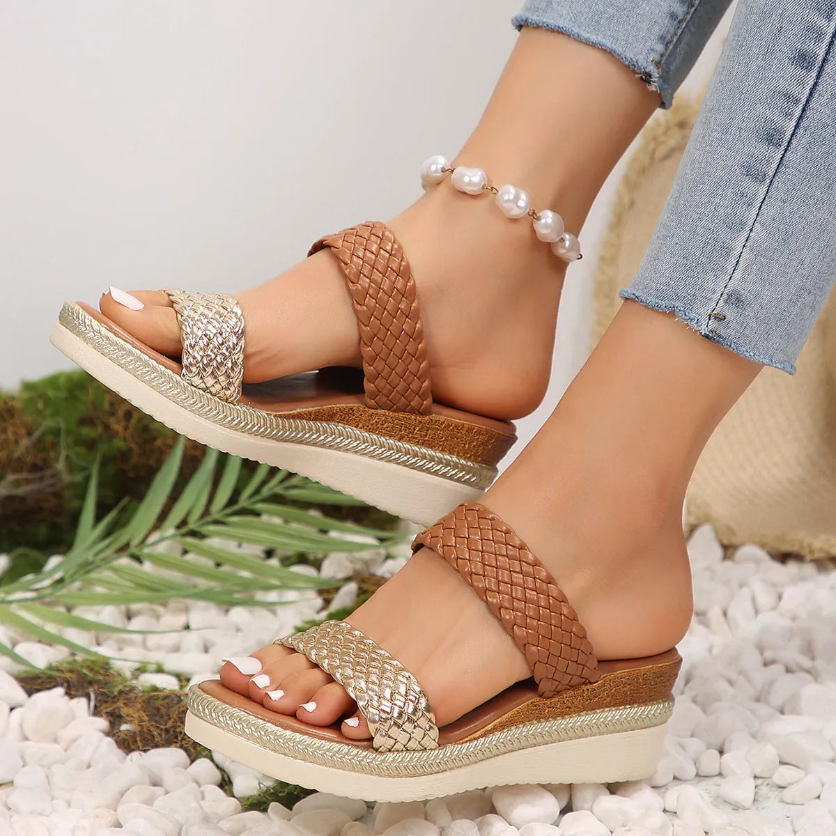 Gold and silver plus size women's wedge sandals with a 4.5 cm rubber sole