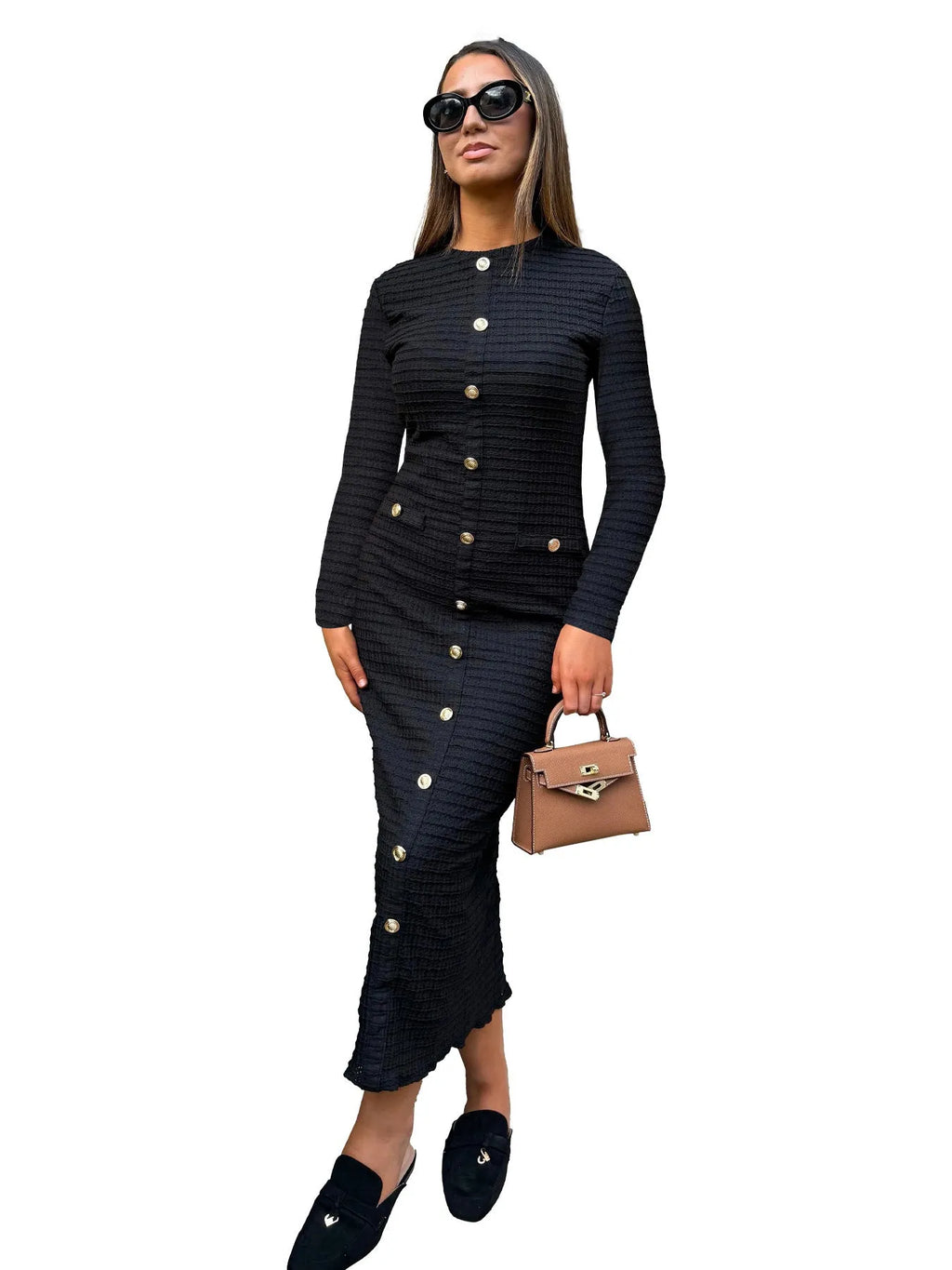 French retro slim fit long sleeved knitted dress in black with button details