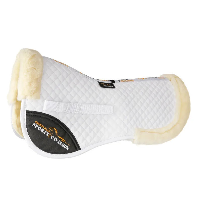 Equestrian riding saddle pad in wool blend with shock absorption foam for waist protection.