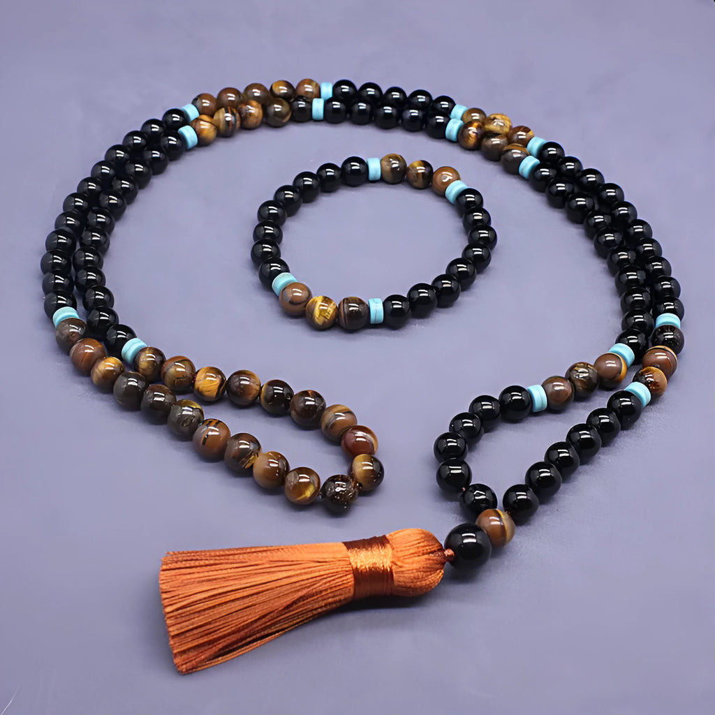 Black agate and tigereye bead bracelet and necklace set with tiger shape stone.