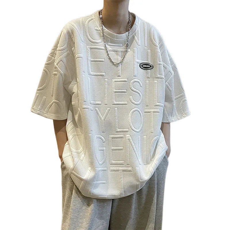 Men's grey retro loose fit t-shirt with three-dimensional summer letter print design