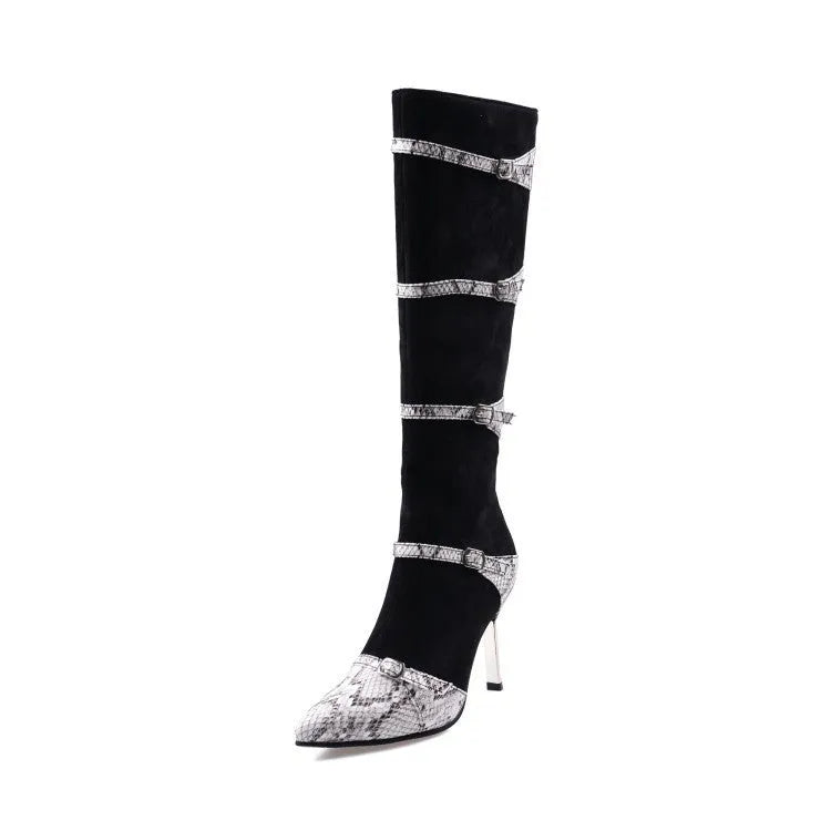Grey women's knee-high boots with a thin high heel on a rubber sole.