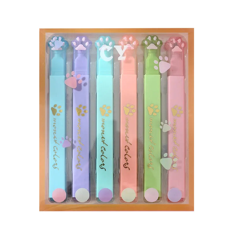 Cat's Paw fluorescent marking pen set showing six pens with oblique heads in different colours, packaged in a box.