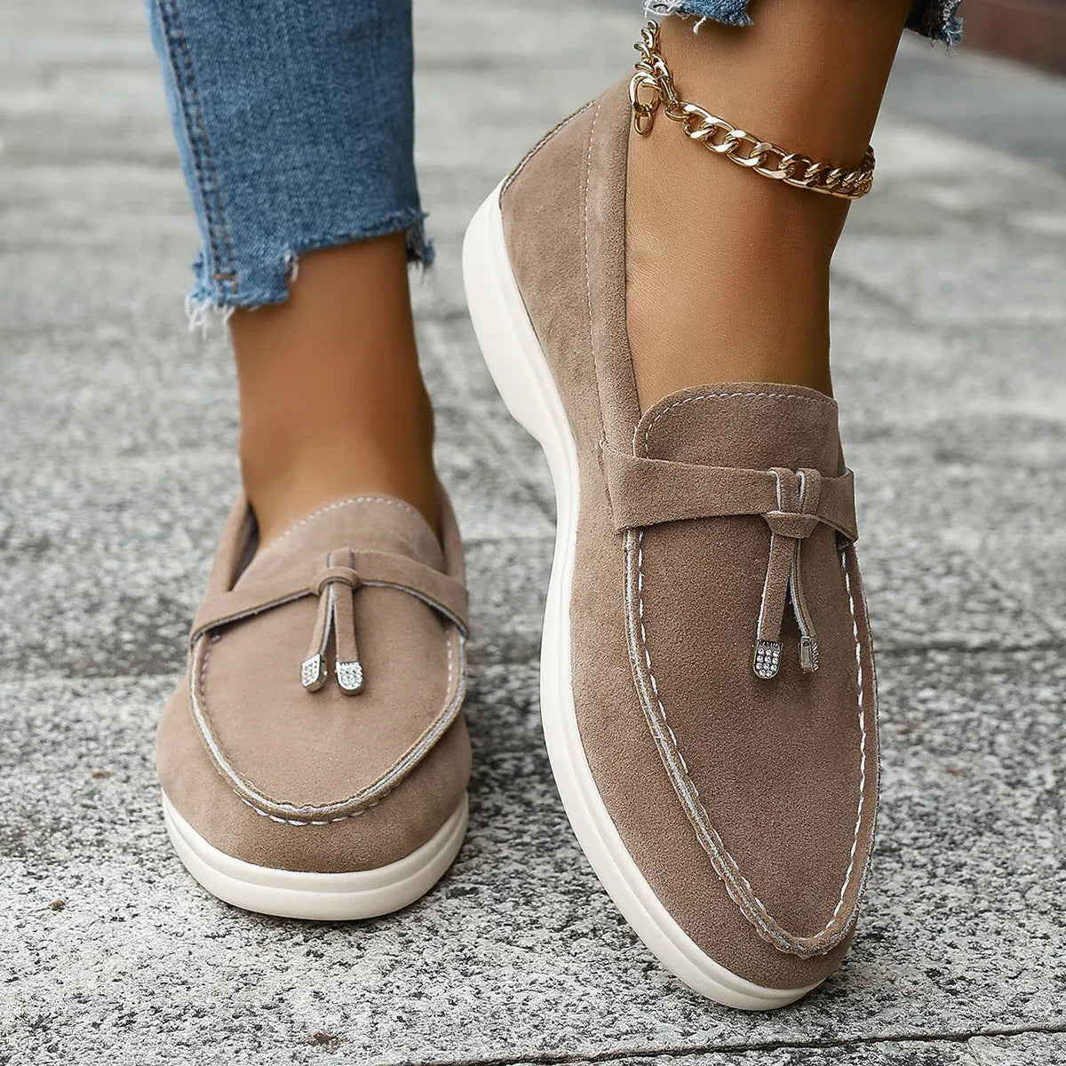 Men's casual slip-on canvas loafers in apricot colour with a platform heel and round toe.