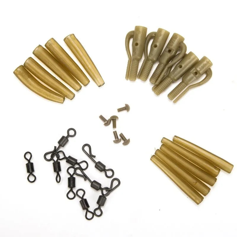 30-piece European carp fishing accessory set with tubes, hoses, rotation pieces, and screws