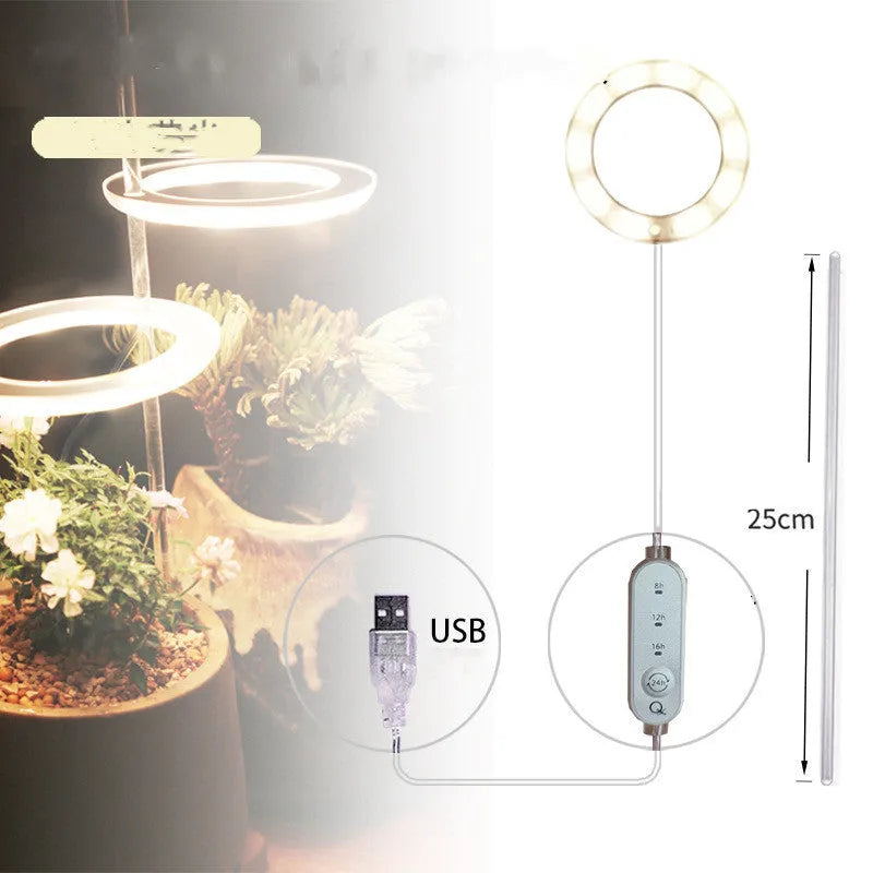 USB-powered LED plant grow light with full spectrum yellow LEDs, acrylic mounting stick, in pink/white colour.